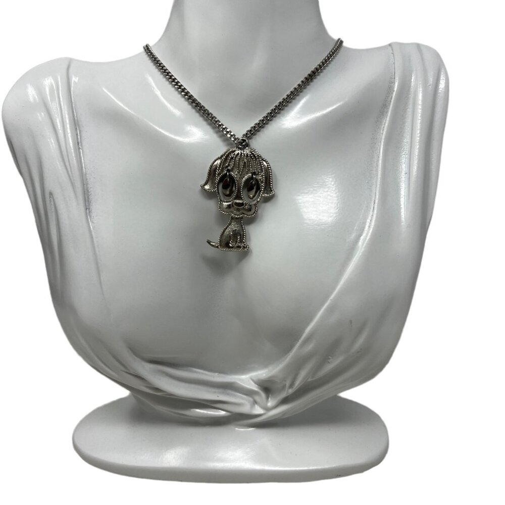 Puppy Dog Necklace Silver Tone Dangling Eyes Curb Chain